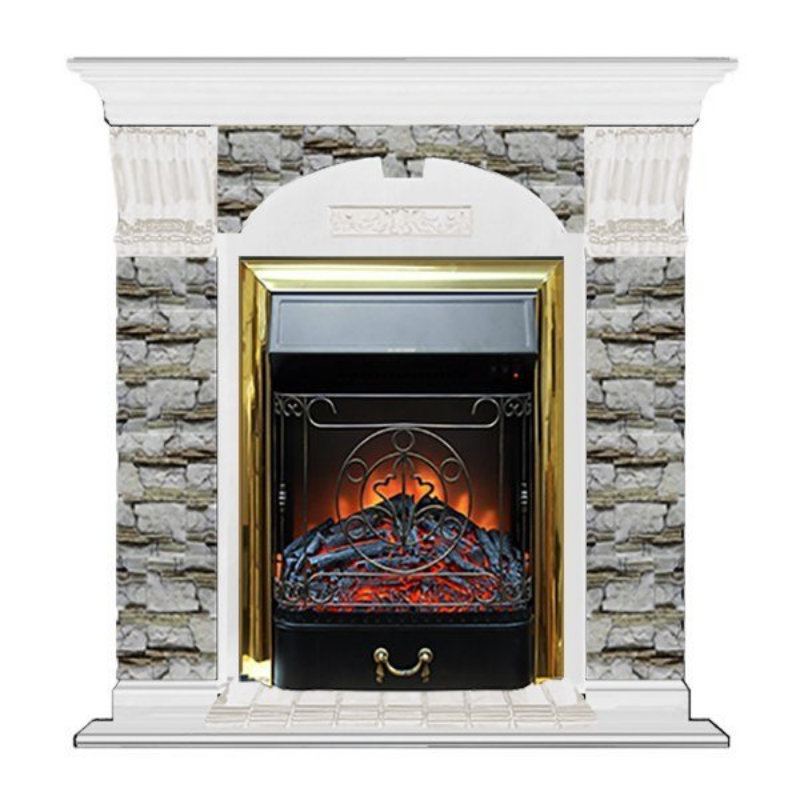 Каминокомплект Glenrich Арочный Magestic brass камень Алтай, шпон белый
