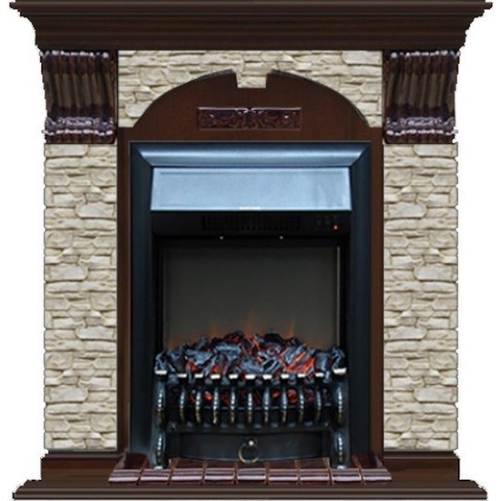 Каминокомплект Glenrich Арочный Fobos brass камень грот однотонный, шпон дуб