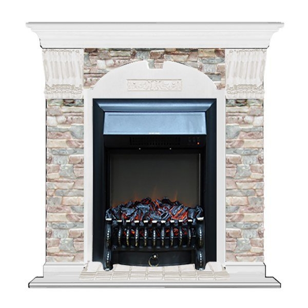 Каминокомплект Glenrich Арочный Fobos brass камень грот цветной, шпон белый