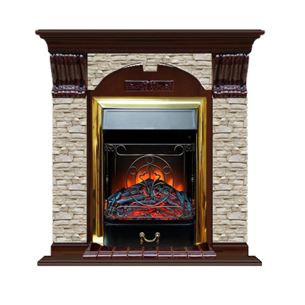 Каминокомплект Glenrich Арочный Magestic brass камень Грот однотонный, шпон дуб