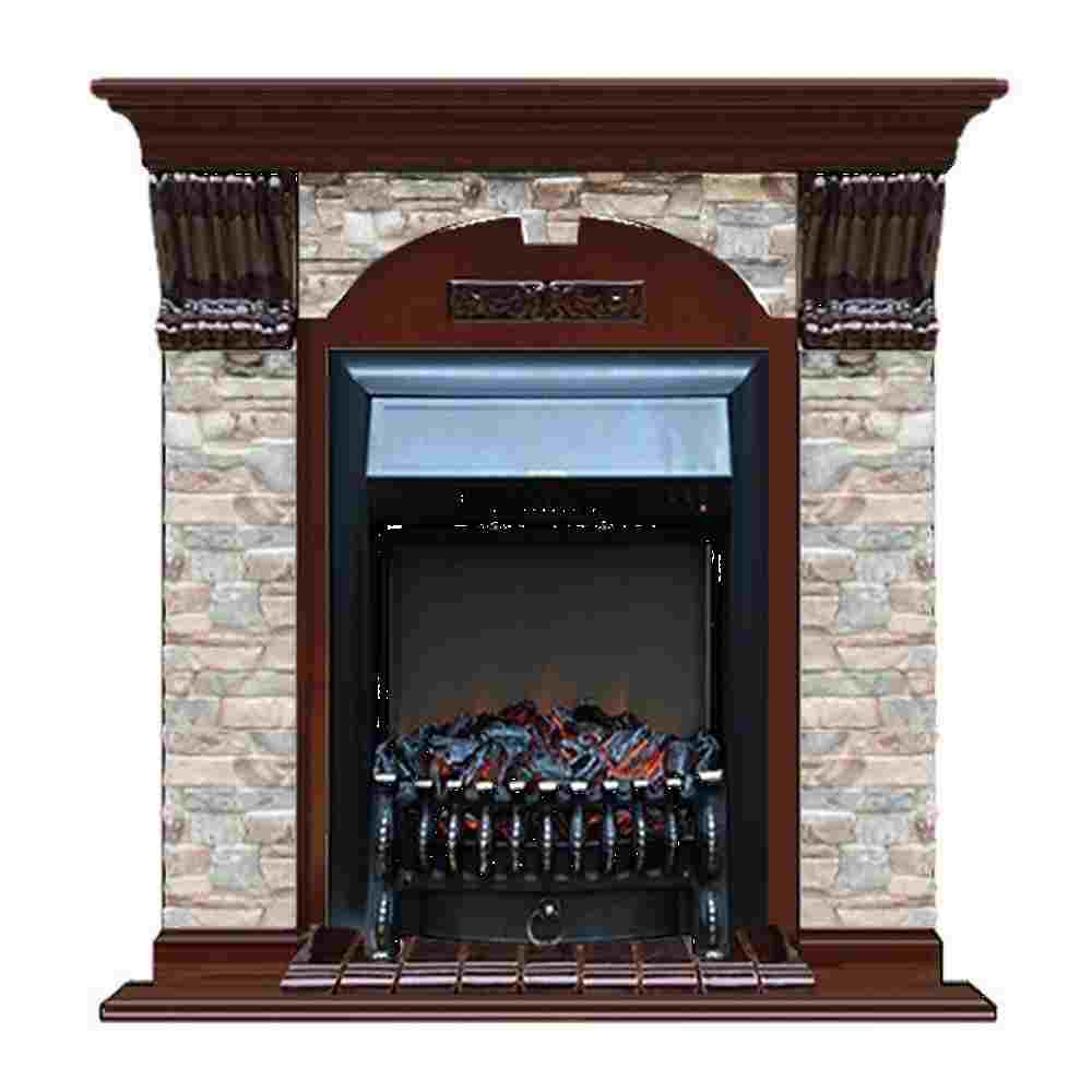 Каминокомплект Glenrich Арочный Fobos brass камень грот цветной, шпон красное дерево