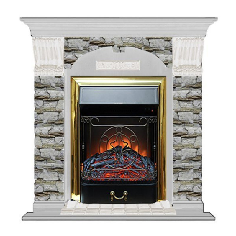 Каминокомплект Glenrich Арочный Magestic brass камень Алтай, шпон белый дуб