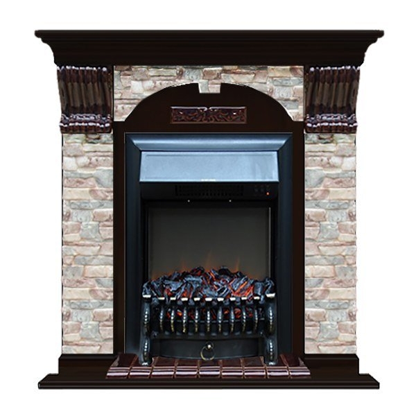 Каминокомплект Glenrich Арочный Magestic black камень Грот цветной, шпон дуб