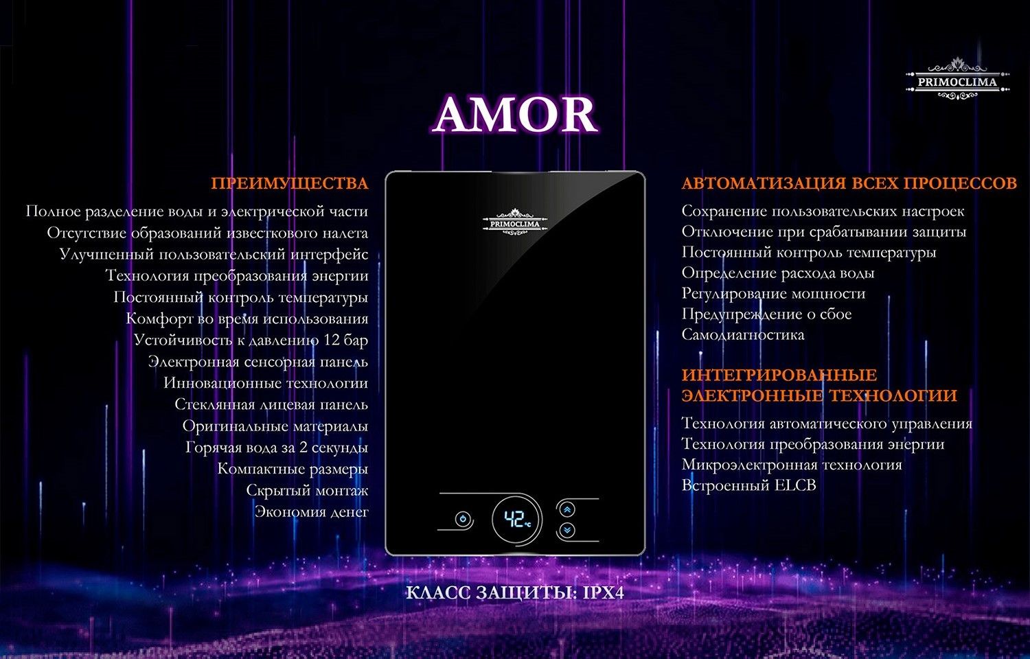 Электрический проточный водонагреватель Primoclima AMOR 8.8 кВт, черный