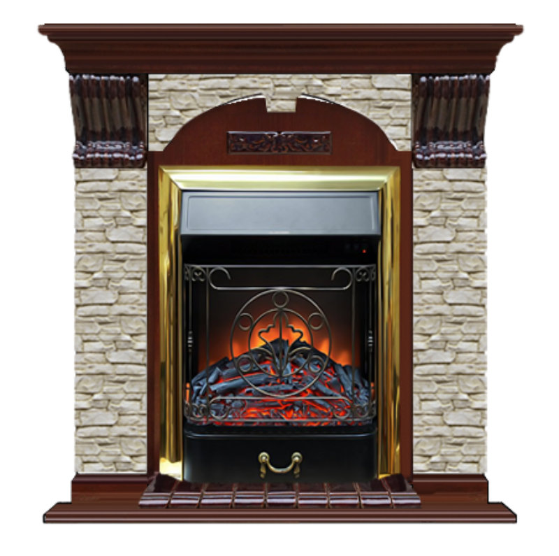 Каминокомплект Glenrich Арочный Magestic brass камень Грот однотонный, шпон красное дерево