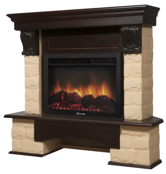 Каминокомплект Electrolux Forte 26/30U (угловой) с очагом EFP/P-2620RLS камень бежевый, шпон темный дуб