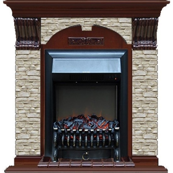 Каминокомплект Glenrich Арочный Fobos brass камень грот однотонный, шпон красное дерево