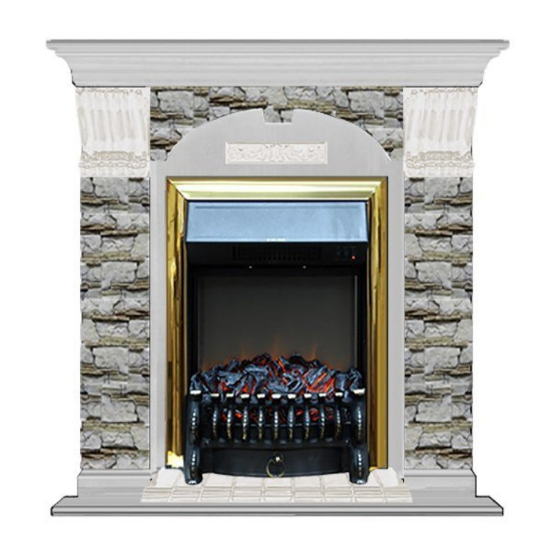 Каминокомплект Glenrich Арочный Fobos brass камень Алтай, шпон беленый дуб