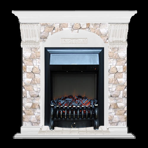 Каминокомплект Glenrich Арочный Fobos black камень Карелия, шпон белый