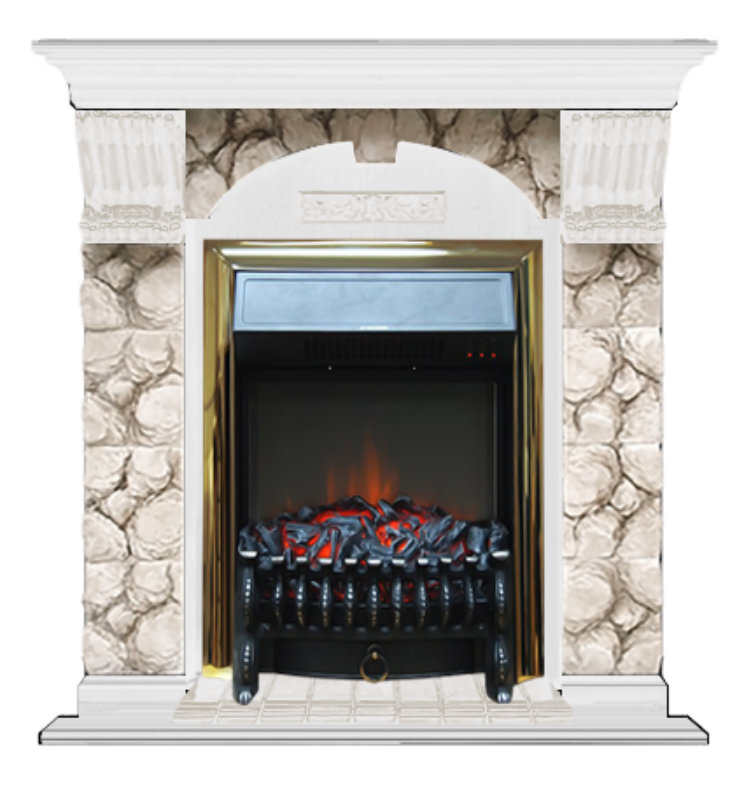 Каминокомплект Glenrich Арочный (угловой) Fobos brass камень Карелия, шпон белый