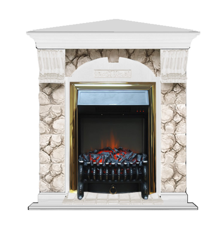 Каминокомплект Glenrich Арочный (угловой) Fobos brass камень Алтай, шпон беленый дуб