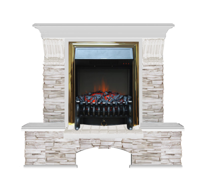 Каминокомплект Glenrich Бостон К Грот цветной (Fobos brass) белый дуб