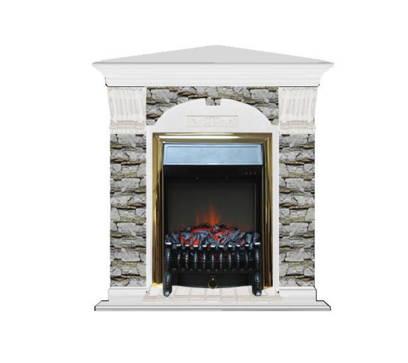 Каминокомплект Glenrich Арочный (угловой) Fobos brass камень Алтай, шпон белый