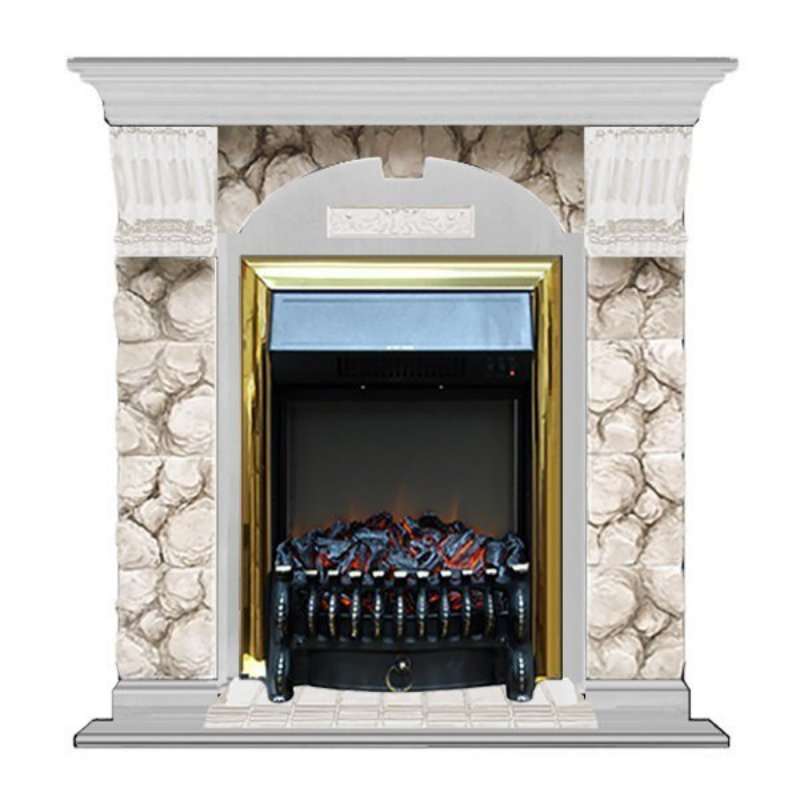 Каминокомплект Glenrich Арочный (угловой) Fobos brass камень Карелия, шпон беленый дуб