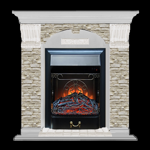 Каминокомплект Glenrich Арочный Magestic black камень Алтай, шпон беленый дуб