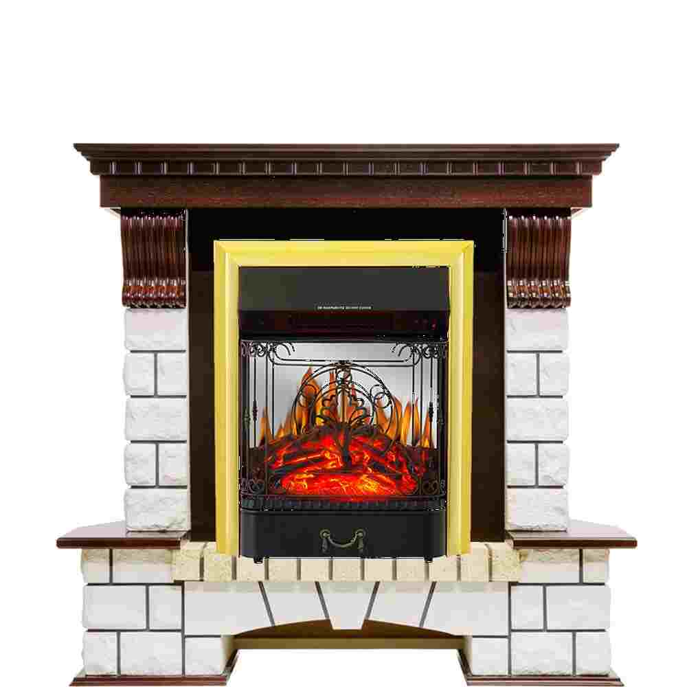 Каминокомплект Royal Flame  Pierre Luxe угловой - Темный дуб / Белый с очагом Majestic FX M Brass