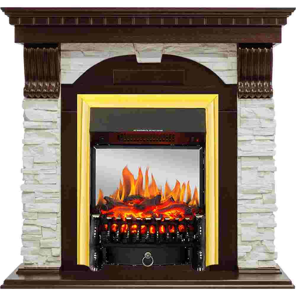 Каминокомплект Royal Flame  Dublin угловой - Темный дуб / Сланец белый с очагом Fobos FX M Brass