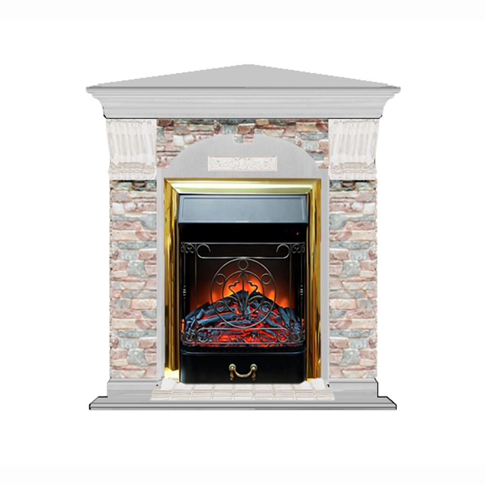 Каминокомплект Glenrich Арочный Грот цветной угловой (Magestic brass) белый дуб