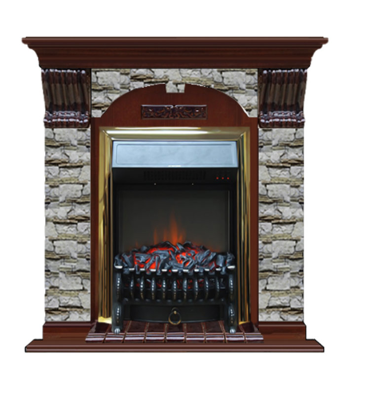 Каминокомплект Glenrich Арочный Fobos brass камень Алтай, шпон красное дерево