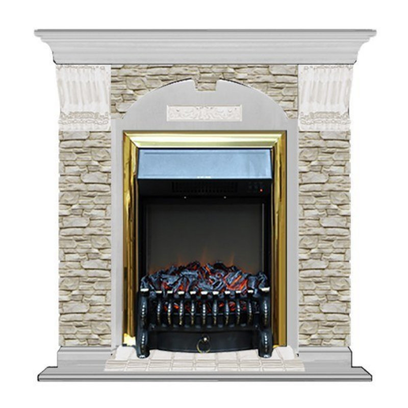 Каминокомплект Glenrich Арочный Грот однотонный (Fobos brass) белый дуб