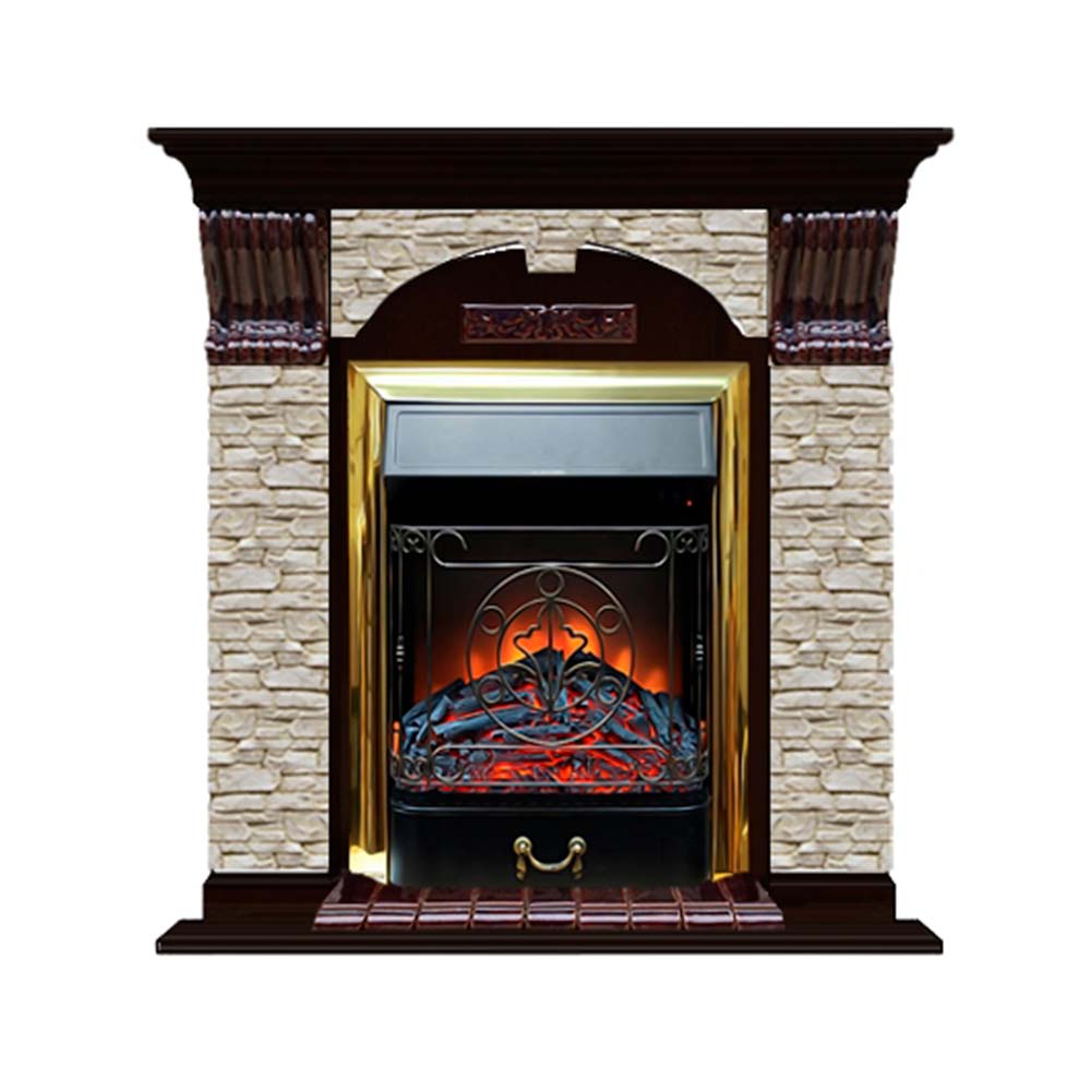 Каминокомплект Glenrich Арочный Magestic brass камень Грот однотонный, шпон венге
