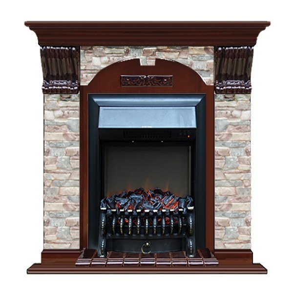 Каминокомплект Glenrich Арочный Magestic black камень Грот цветной, шпон красное дерево