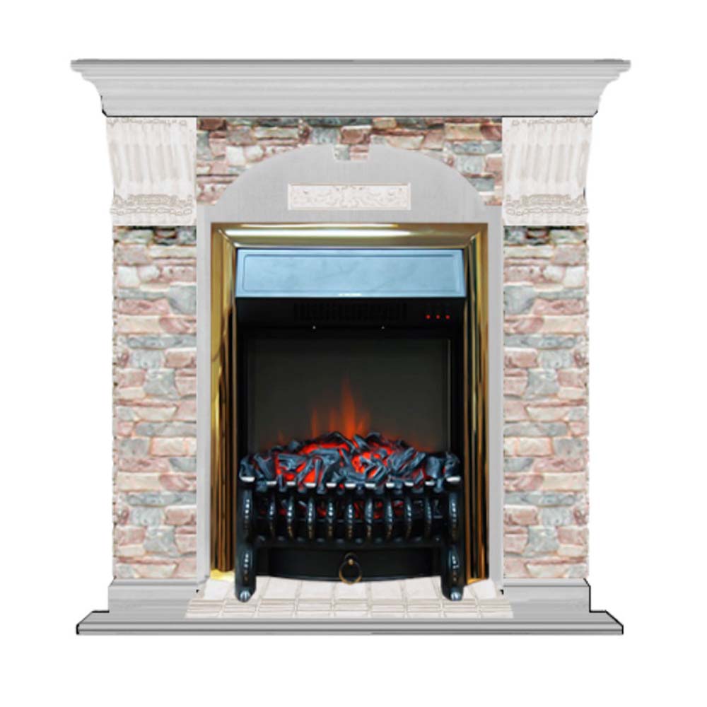 Каминокомплект Glenrich Арочный Грот цветной (Fobos brass) белый дуб