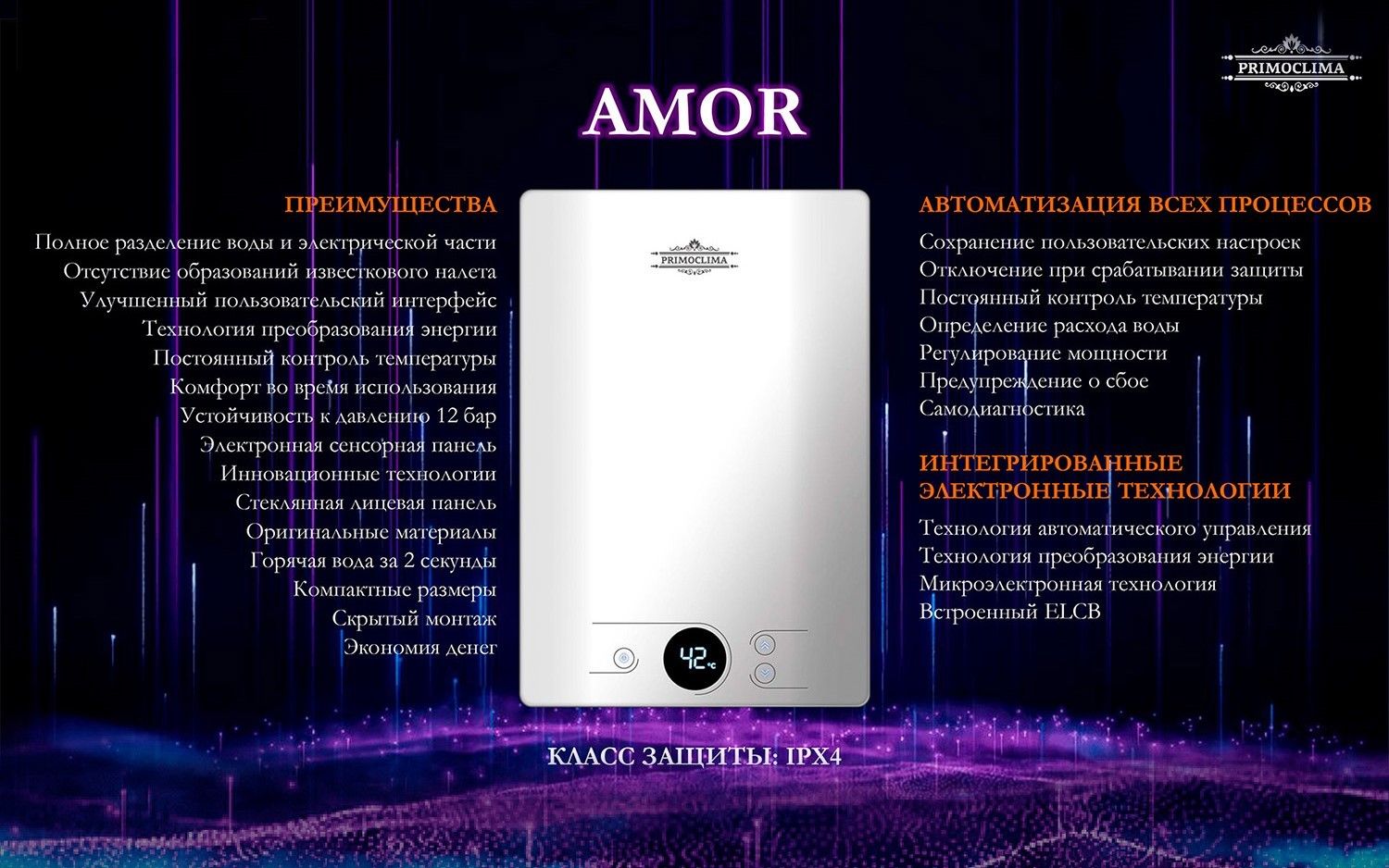 Электрический проточный водонагреватель Primoclima AMOR 8.8 кВт, белый