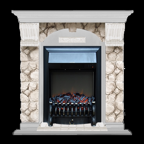 Каминокомплект Glenrich Арочный Fobos black камень Алтай, шпон беленый дуб