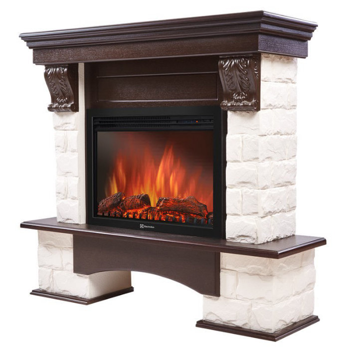 Каминокомплект Electrolux Forte 26/30S с очагом EFP/P-2620RLS камень белый, шпон темный дуб