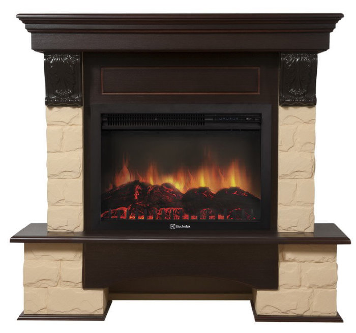 Каминокомплект Electrolux Forte 26/30U (угловой) с очагом EFP/P-2620RLS камень бежевый, шпон темный дуб