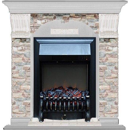 Каминокомплект Glenrich Арочный Fobos black камень грот цветной, шпон беленый дуб