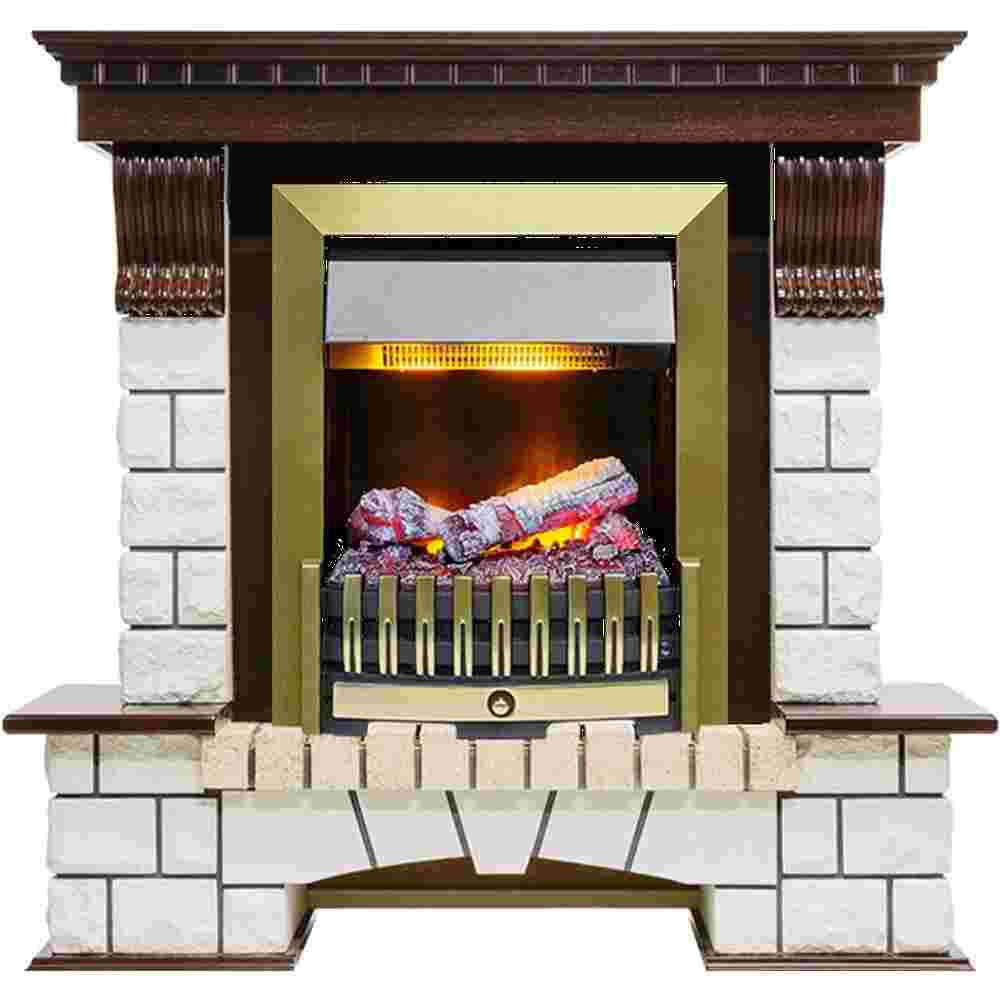 Каминокомплект Dimplex Pierre Luxe угловой - Темный дуб / Белый (Высота 1050мм) с очагом Danville Antique Brass FB2