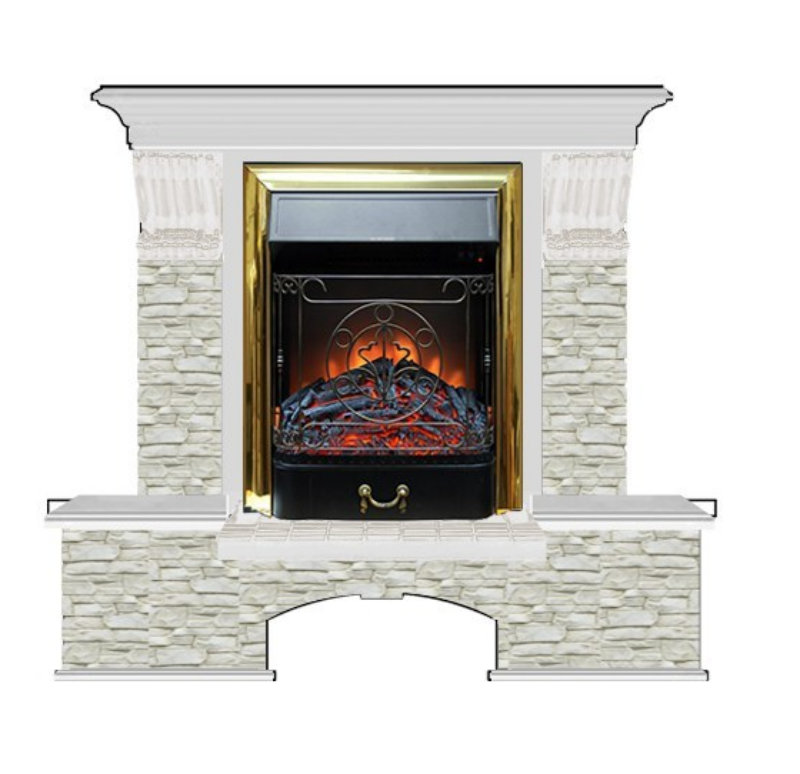 Каминокомплект Glenrich Бостон К Грот однотонный (Magestic brass) белый дуб