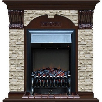 Каминокомплект Glenrich Арочный Fobos brass камень грот однотонный, шпон дуб