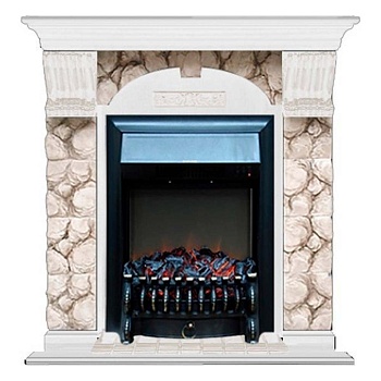 Каминокомплект Glenrich Арочный Magestic brass камень Карелия, шпон белый