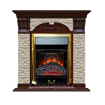 Каминокомплект Glenrich Арочный Magestic brass камень Грот однотонный, шпон дуб