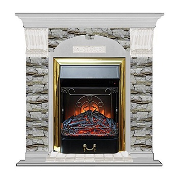 Каминокомплект Glenrich Арочный Magestic brass камень Алтай, шпон белый дуб