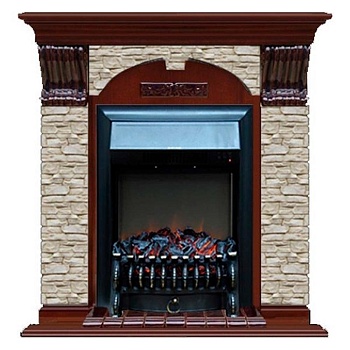 Каминокомплект Glenrich Арочный Magestic black камень Грот однотонный, шпон красное дерево