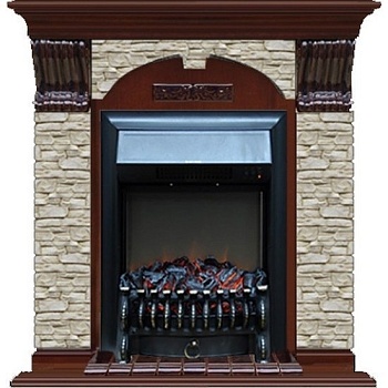 Каминокомплект Glenrich Арочный Fobos brass камень грот однотонный, шпон красное дерево