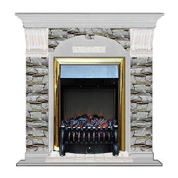 Каминокомплект Glenrich Арочный Fobos brass камень Алтай, шпон беленый дуб