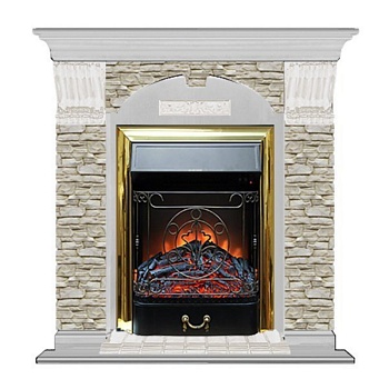 Каминокомплект Glenrich Арочный Magestic brass камень Грот однотонный, шпон белый дуб