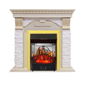 Каминокомплект Royal Flame  Dublin - Слоновая кость с патиной / Сланец крем с очагом Majestic FX M Brass