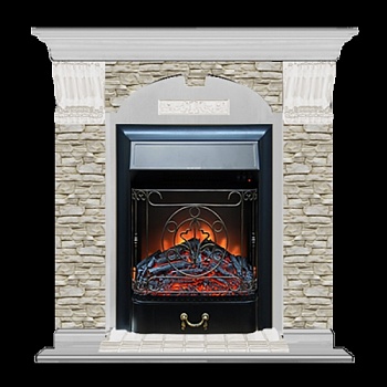 Каминокомплект Glenrich Арочный Magestic black камень Алтай, шпон беленый дуб