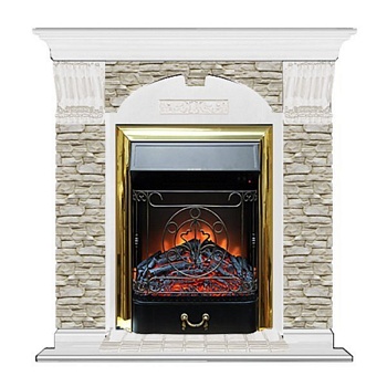 Каминокомплект Glenrich Арочный Magestic brass камень Грот однотонный, шпон белый