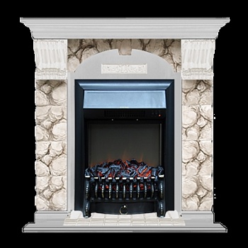 Каминокомплект Glenrich Арочный Fobos black камень Алтай, шпон беленый дуб